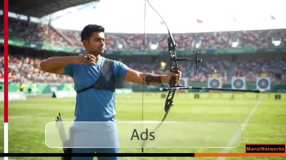 Archery broadcast with a branded banner across the lower part of the screen