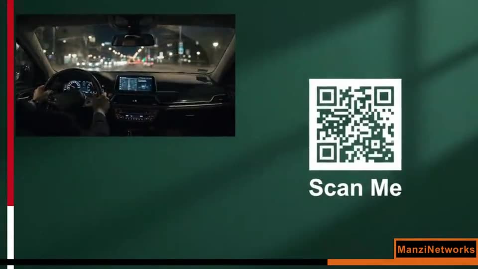 Car ad in a frame beside a large Scan Me QR code