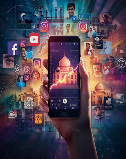 A phone showing Indian landmarks surrounded by social media icons